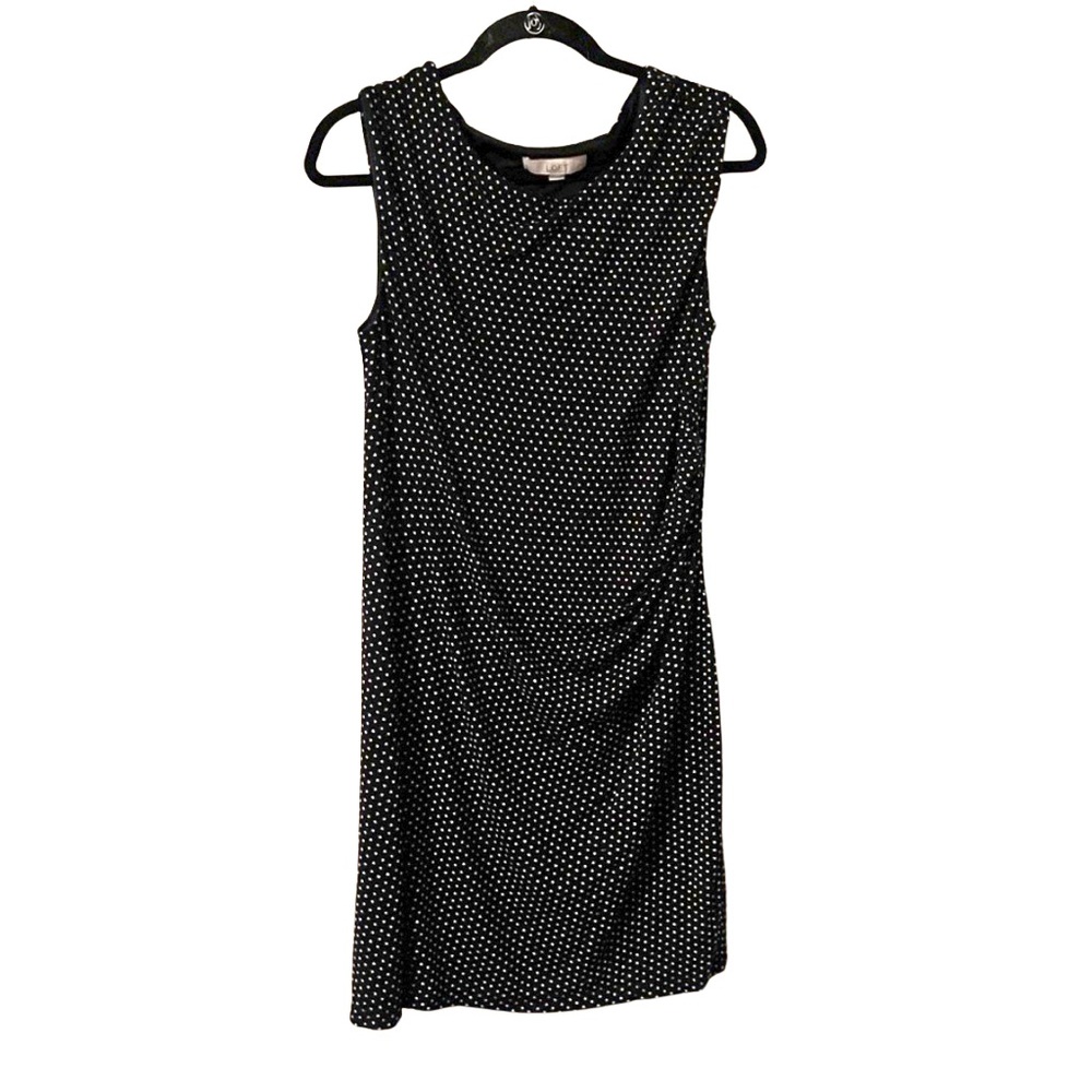LOFT Black and White Polka Dot Sleeveless Side Ruched Dress | Size Large Petite